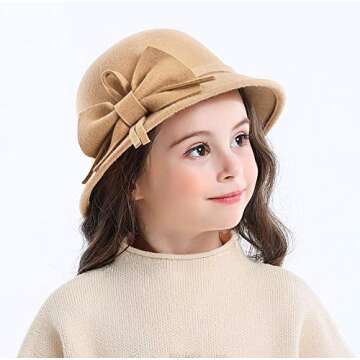 Bienvenu Kids Girls Winter Warm 100% Wool Bucket Hats Fedoras with Bowknot,Camel