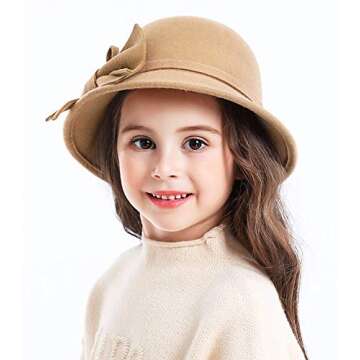 Bienvenu Kids Girls Winter Warm 100% Wool Bucket Hats Fedoras with Bowknot,Camel