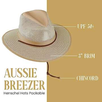 Henschel Aussie Mesh Breezer Hat - Packable Sun Protection for Outdoor Activities. Ideal for Hiking, Fishing & Camping. (US, Alpha, Medium, Khaki)