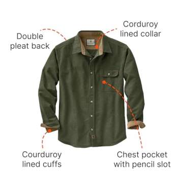 Legendary Whitetails Men's Standard Buck Camp Flannel, Long Sleeve Plaid Button Down Casual Shirt, Corduroy Cuffs, Army, Large