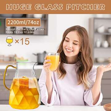 Yirilan Glass Pitcher, 2.2 Liter Water Pitcher With Lid,Iced Tea Pitcher for Fridge,Glass Water Carafe With Lid, Glass Water Jug,Large Drink Pitcher For Juice, Milk, Cold Or Hot Beverages, 2 Quart