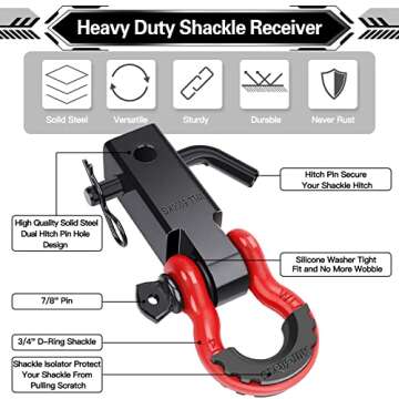 AUTOBOTS Shackle Hitch Receiver 2", 45,000 Lbs Break Strength Heavy Duty Receiver with 5/8" Screw Pin, 3/4" D Ring Shackles, Towing Accessories for Vehicle Recovery Off-Road, Red&Black