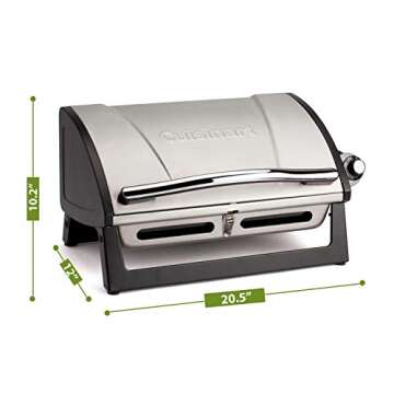 Cuisinart Grillster Portable Gas Grill, Stainless Steel Compact BBQ with Locking Lid for Easy Transport, 8000 BTU Small Propane Grill with Dishwasher Safe Cooking Grate, For Camping and BBQs