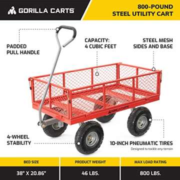 Gorilla Carts Heavy Duty Steel Utility Cart, Yard and Garden Wagon, 800 Lb, Red