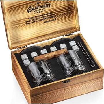 Mixology & Craft Whiskey Glasses Gift Set for Men - Pack of 2 Diamond Cut Glasses w/ 8 Granite Chilling Stones, 2 Coasters, Tongs & Cocktail Recipe Book in Wooden Crate