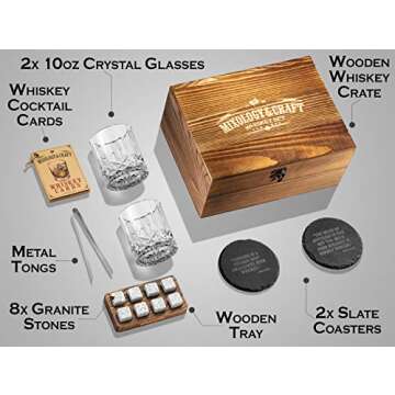 Mixology & Craft Whiskey Glasses Gift Set for Men - Pack of 2 Diamond Cut Glasses w/ 8 Granite Chilling Stones, 2 Coasters, Tongs & Cocktail Recipe Book in Wooden Crate