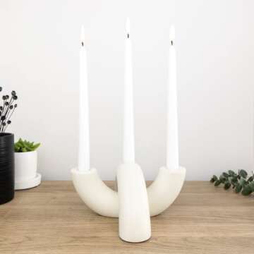 AERLO Ceramic Candle Holder Set - Decorative Candle Stick Candle Holders - Modern Decor for Dining Table, Living Room Coffee Table, or Shelf - Minimalist Candelabra for 3 Taper Candles (Ivory)