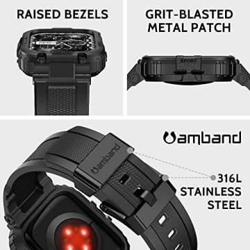 amBand Bands Compatible with Apple Watch 9/8/7/SE (2nd)/SE/6/5/4 45mm/44mm Case for Men, M1 Sport Series Rugged Case Protective Cover for iWatch SE2/6/SE/5/4/3 42/44/45mm Men Black