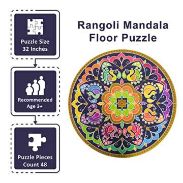 Kulture Khazana Rangoli Mandala Floor Puzzle - 48 Piece Puzzle 32 inches, Colorful Giant Floor Puzzle, Indian Art, Montessori Puzzle, Holi, Festival of Colors, Diwali, Indian Festivals