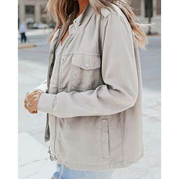 Dellytop Women Military Utility Jacket Casual Zip Up Snap Buttons Field Safari Anorak Outwear