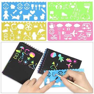 POKONBOY 16 Pack Scratch Arts and Crafts Notebooks, Scratch Note Pads for Kids Rainbow Party Favors Coloring Books for Kids Art Party Supplies Stocking Stuffers（16 Wooden Stylus & 4 Drawing Stencils）