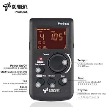 Sondery Digital Metronome for Guitar Piano Drum and All Instruments with Timer, English Vocal Counting and 3 Different Sounds with Earphone Jack and Flashing Light, Loud Volume, Rechargeable