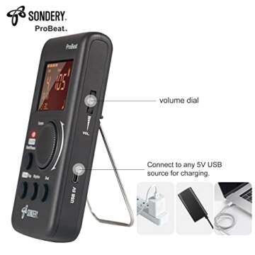 Sondery Digital Metronome for Guitar Piano Drum and All Instruments with Timer, English Vocal Counting and 3 Different Sounds with Earphone Jack and Flashing Light, Loud Volume, Rechargeable