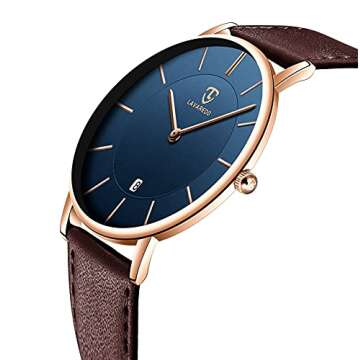 BEN NEVIS Watch, Mens Watch, Minimalist Fashion Simple Wrist Watch Analog Date with Leather Strap Brown Blue