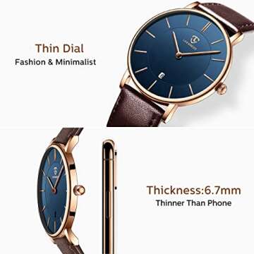 BEN NEVIS Watch, Mens Watch, Minimalist Fashion Simple Wrist Watch Analog Date with Leather Strap Brown Blue