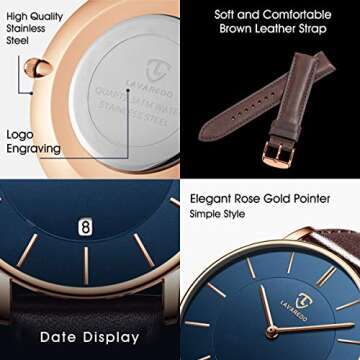 BEN NEVIS Watch, Mens Watch, Minimalist Fashion Simple Wrist Watch Analog Date with Leather Strap Brown Blue