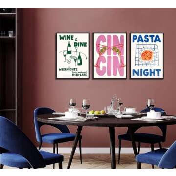 Funky kitchen Wall Art Trendy Cin Cin Cheers Poster Retro Wine Pasta Night Food Wall Decor Pictures Bar Cart maximalist Kitchen Canvas Posters Prints for Dining kitchen Room Home Decoration Unframed