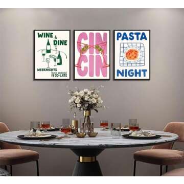 Funky kitchen Wall Art Trendy Cin Cin Cheers Poster Retro Wine Pasta Night Food Wall Decor Pictures Bar Cart maximalist Kitchen Canvas Posters Prints for Dining kitchen Room Home Decoration Unframed