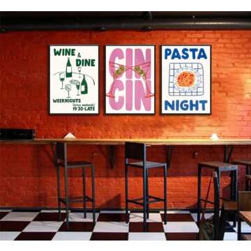 Funky kitchen Wall Art Trendy Cin Cin Cheers Poster Retro Wine Pasta Night Food Wall Decor Pictures Bar Cart maximalist Kitchen Canvas Posters Prints for Dining kitchen Room Home Decoration Unframed