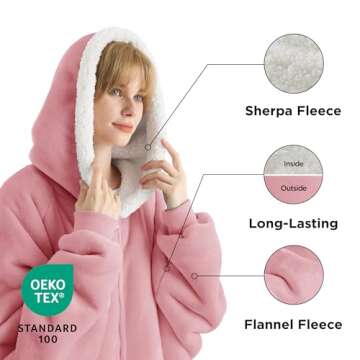 Bedsure Blanket Hoodie - Wearable Blankets for Women with Zipper as Gifts for Mom & Girlfriend, Cozy Men Sherpa Hoodie Jacket, Mellow Rose