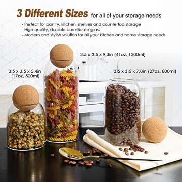 Glass Storage Jars with Cork Lid Ball 3 Pack, Clear Canisters with Air Tight Wood Cork Lid Sphere for Kitchen Organization Spice Coffee Glass Storage Containers Modern Home Décor (17oz, 27oz, 40oz)