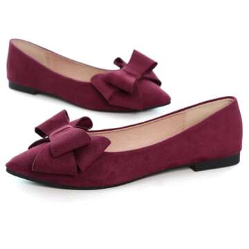 SAILING LU Bow-Knot Ballet Flats Womens Pointed Toe Flat Shoes Suede Dress Shoes Wear to Work Slip On Moccasins Burgundy Size 6.5