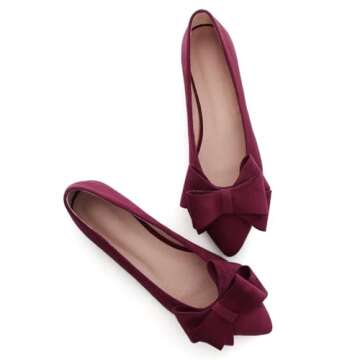 SAILING LU Bow-Knot Ballet Flats Womens Pointed Toe Flat Shoes Suede Dress Shoes Wear to Work Slip On Moccasins Burgundy Size 6.5