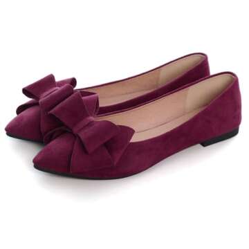 SAILING LU Bow-Knot Ballet Flats Womens Pointed Toe Flat Shoes Suede Dress Shoes Wear to Work Slip On Moccasins Burgundy Size 6.5