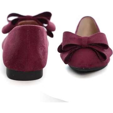 SAILING LU Bow-Knot Ballet Flats Womens Pointed Toe Flat Shoes Suede Dress Shoes Wear to Work Slip On Moccasins Burgundy Size 6.5