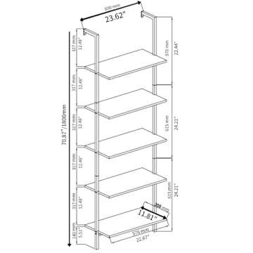 Karl home Ladder Shelf 5 Tier Wall Mounted Bookcase with Metal Frame, Open Design Shelves for Living Room, Bedroom, Home, Office, White (23.62" L x 11.81" W x 70.87" H)