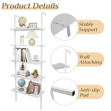 Karl home Ladder Shelf 5 Tier Wall Mounted Bookcase with Metal Frame, Open Design Shelves for Living Room, Bedroom, Home, Office, White (23.62" L x 11.81" W x 70.87" H)