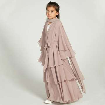 Muslim Chiffon Abaya for Girls Open Front Cardigan Modest Dress Middle East Arabian Robe Islamic Long Robe Dress for Kids Muslin Church Eid Ramadan Robe Prayer Dress For Girls Champagne 3-4 Years