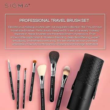 Sigma Beauty Travel Makeup Brush Set – Travel Makeup Brushes with Premium Fibers and Sleek, Durable Handles for Face & Eyes, Includes 7 Black Makeup Brushes and a Makeup Brush Cup