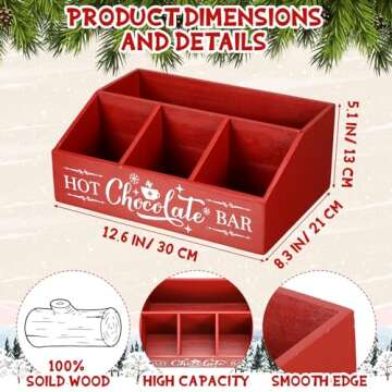 Barydat Christmas Hot Cocoa Bar Wood Coffee Station Organizer Countertop with 4 Compartment Coffee Bar Decorative Holder Xmas Basket Organizer Bin for Kitchen Holiday Gift Party Home Supplies (Red)