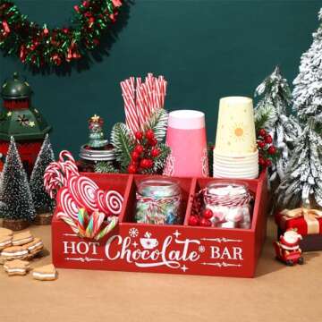 Barydat Christmas Hot Cocoa Bar Wood Coffee Station Organizer Countertop with 4 Compartment Coffee Bar Decorative Holder Xmas Basket Organizer Bin for Kitchen Holiday Gift Party Home Supplies (Red)