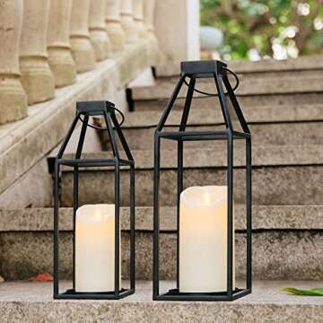 HPC Decor Black Metal Candle Lanterns Set of 2- Lanterns Decorative with Flickering Timer Candles- 17.4'' & 15'' Rustic Farmhouse Lanterns Candle Holder for Indoor, Outdoor, Tabletop (No Glass)