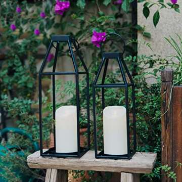 HPC Decor Black Metal Candle Lanterns Set of 2- Lanterns Decorative with Flickering Timer Candles- 17.4'' & 15'' Rustic Farmhouse Lanterns Candle Holder for Indoor, Outdoor, Tabletop (No Glass)