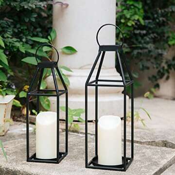 HPC Decor Black Metal Candle Lanterns Set of 2- Lanterns Decorative with Flickering Timer Candles- 17.4'' & 15'' Rustic Farmhouse Lanterns Candle Holder for Indoor, Outdoor, Tabletop (No Glass)