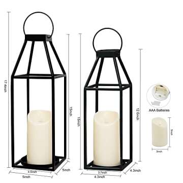 HPC Decor Black Metal Candle Lanterns Set of 2- Lanterns Decorative with Flickering Timer Candles- 17.4'' & 15'' Rustic Farmhouse Lanterns Candle Holder for Indoor, Outdoor, Tabletop (No Glass)