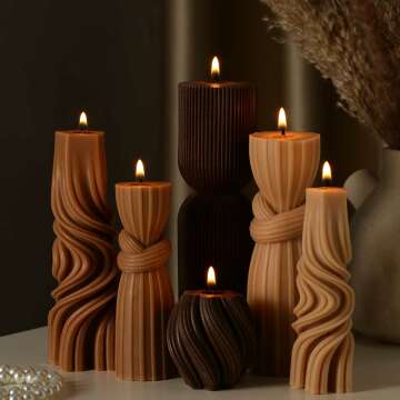 6 Pcs Cute Modern Ribbed Soy Wax Pillar Candles Set for Home Decor