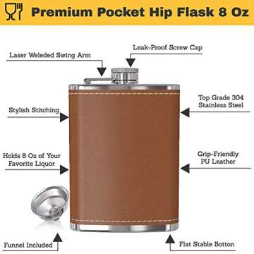 Flask for Liquor and Funnel - 8 Oz Leak Proof 18/8 Stainless Steel Pocket Hip Flask with Brown Leather Cover for Discrete Shot Drinking of Alcohol, Whiskey, Rum and Vodka | Gift for Men