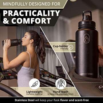 Nomad Souls Water Bottle 32 ounces. Keeps Drinks Hot & Cold - Perfect for Hiking, Cycling, and Sports - Black