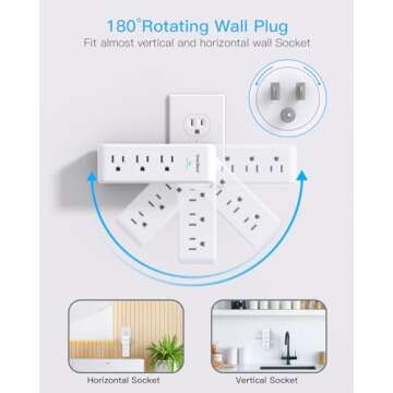 Surge Protector Outlet Extender with Rotating Plug, 9 AC Multi Plug Wall Outlet Expander, 1800J Wall Charger, 3-Sided Power Strip Electrical Plug Adapter Outlet Splitter for Home Office College Dorm