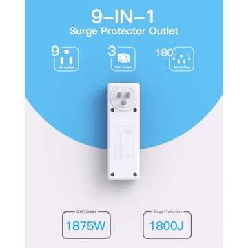 Surge Protector Outlet Extender with Rotating Plug, 9 AC Multi Plug Wall Outlet Expander, 1800J Wall Charger, 3-Sided Power Strip Electrical Plug Adapter Outlet Splitter for Home Office College Dorm