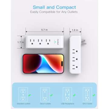 Surge Protector Outlet Extender with Rotating Plug, 9 AC Multi Plug Wall Outlet Expander, 1800J Wall Charger, 3-Sided Power Strip Electrical Plug Adapter Outlet Splitter for Home Office College Dorm