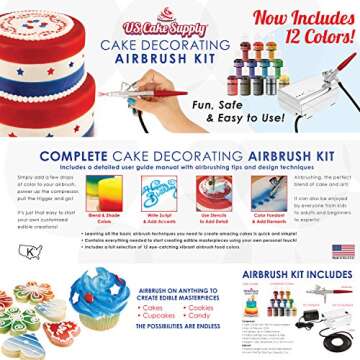 U.S. Cake Supply - Complete Cake Decorating Airbrush Kit with a Full Selection of 12 Vivid Airbrush Food Colors - Decorate Cakes, Cupcakes, Cookies & Desserts