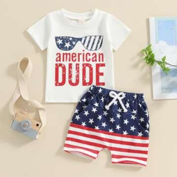 Afunbaby Baby Boy Girl 4th Of July Outfit Toddler USA Short Sleeve T Shirts Stars Stripes Shorts Fourth Of July Clothes (E-American dude, 18-24 Months)