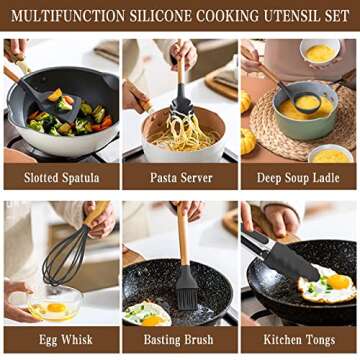 Umite Chef Kitchen Cooking Utensils Set, 33 pcs Non-stick Silicone Utensils Spatula Set with Holder, Wooden Handle Heat Resistant Silicone Kitchen Gadgets Utensil Set (Gray)