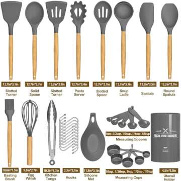 Umite Chef Kitchen Cooking Utensils Set, 33 pcs Non-stick Silicone Utensils Spatula Set with Holder, Wooden Handle Heat Resistant Silicone Kitchen Gadgets Utensil Set (Gray)