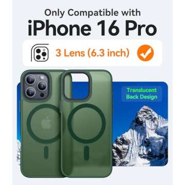 CANSHN Magnetic Compatible with iPhone 16 Pro Case [Compatible with Magsafe] [Translucent Matte] Slim Thin Shockproof Protective Bumper Phone Case Cover 6.3 Inch - Deep Green